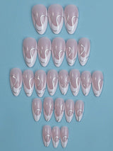 24 Pcs Pink Almond Press on Nails White French Press on Nails Gray Stripe Decoration Cute Press on Nails for Women and Girls