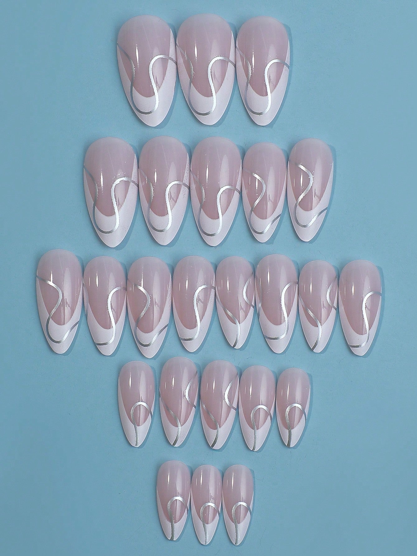 24 Pcs Pink Almond Press on Nails White French Press on Nails Gray Stripe Decoration Cute Press on Nails for Women and Girls