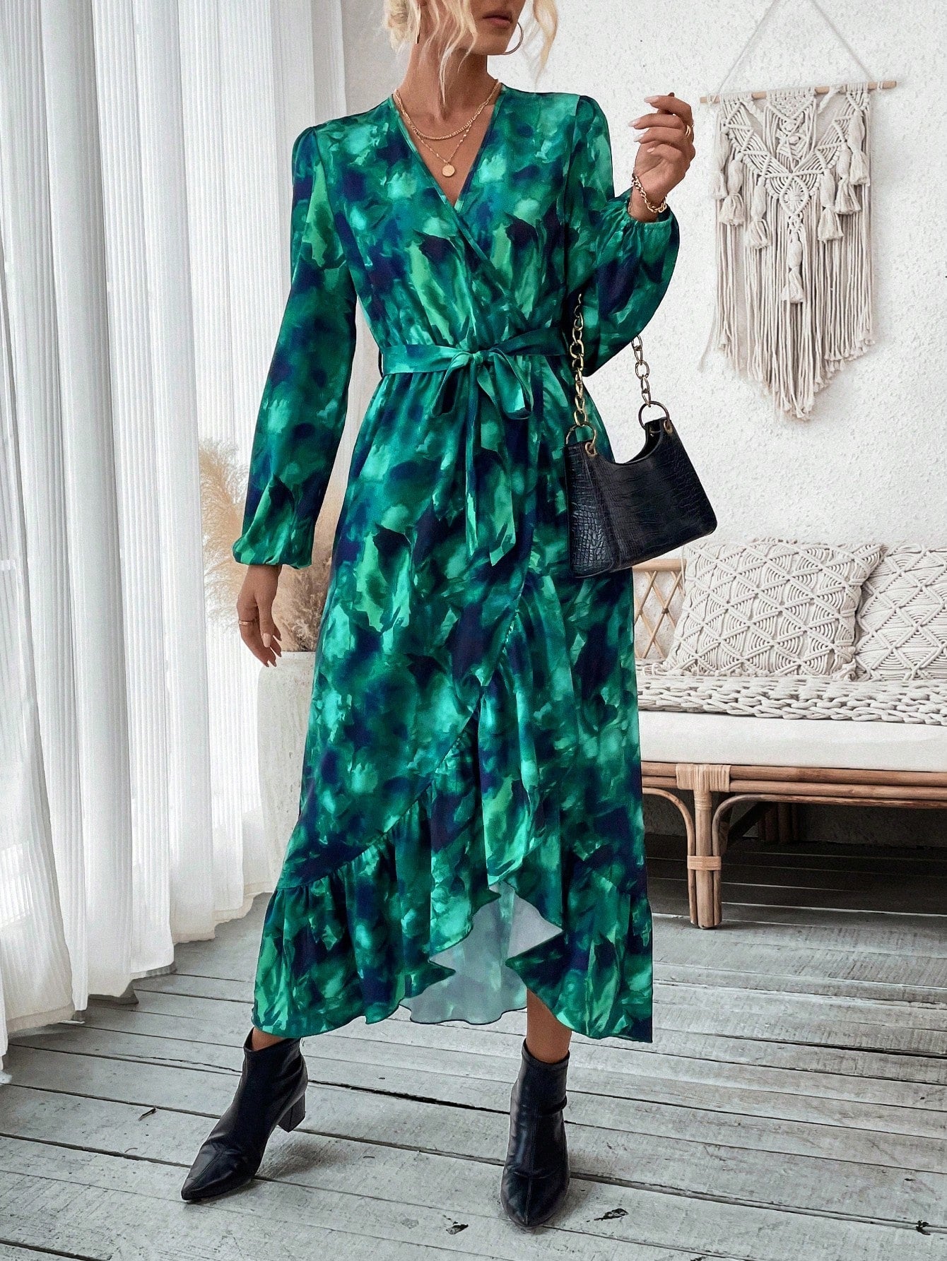 SHEIN Essnce Tie-Dye Ruffle Edge Lantern Sleeve Dress