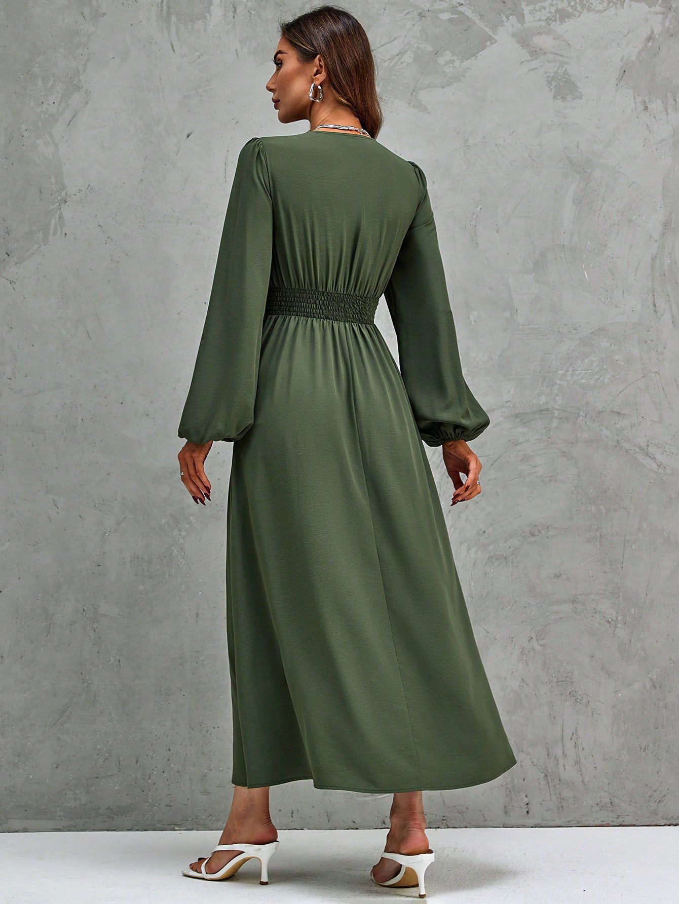 Solid V Neck Lantern Sleeve A-Line Dress