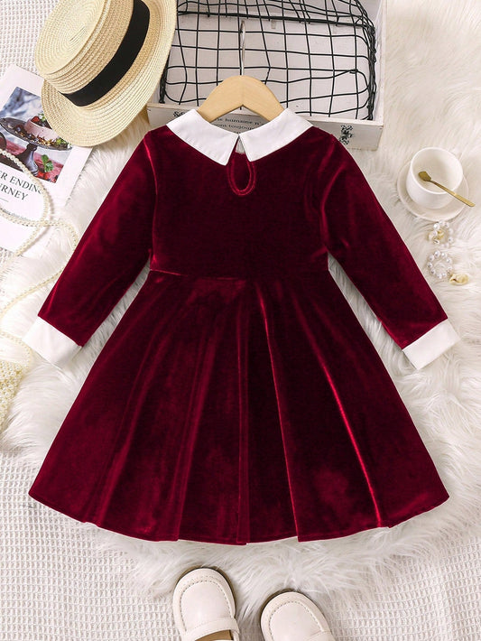 SHEIN Kids Qtfun Young Girl Colorblock Doll Collar Long Sleeve Dress