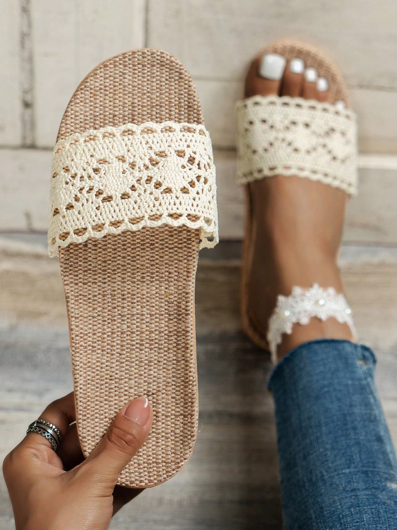 Women Hollow Design Single Band Home Slippers, Vacation White Fabric Bedroom Slippers
