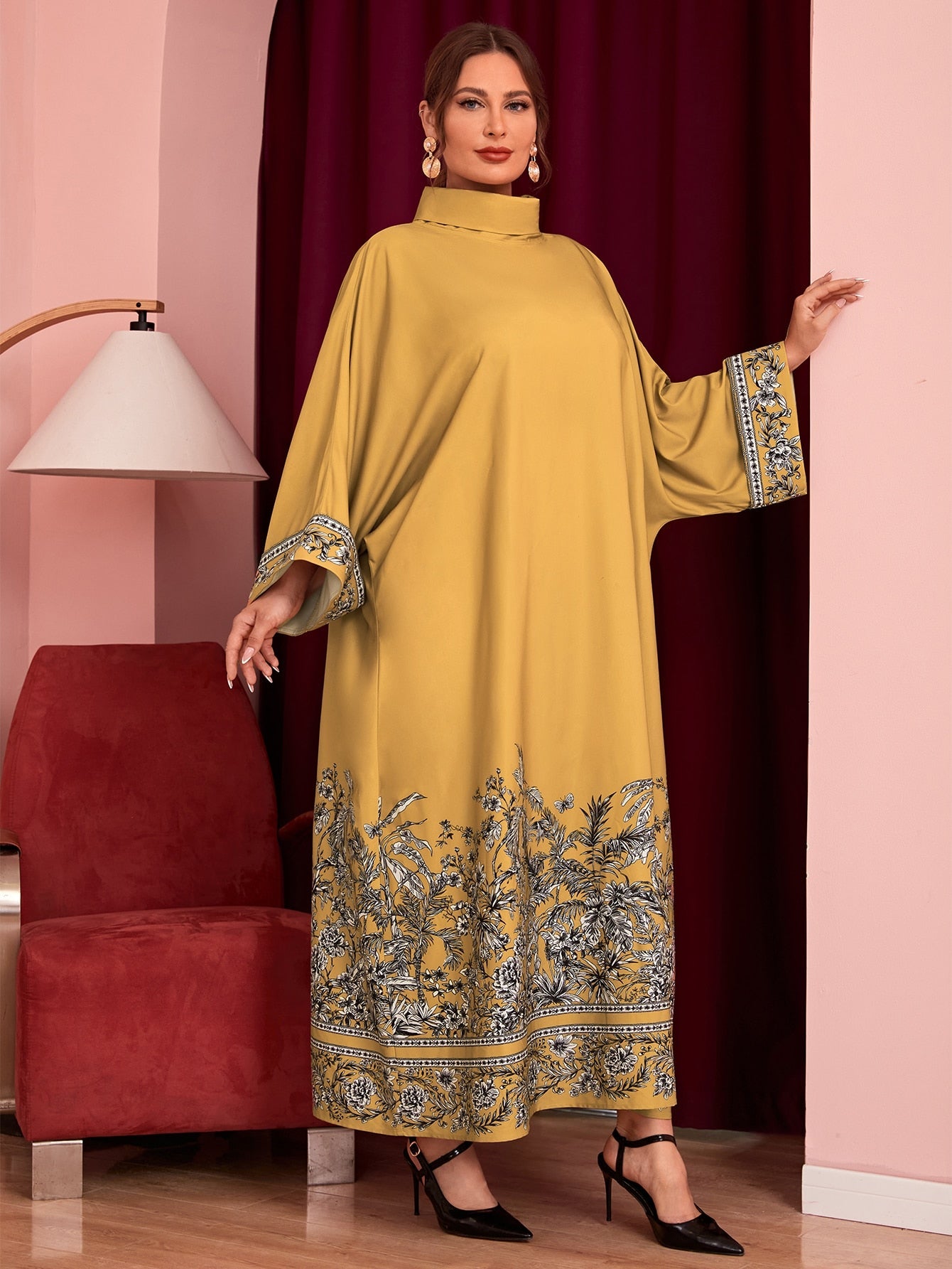 SHEIN Najma plus Turtle Neck Plants Print Dress