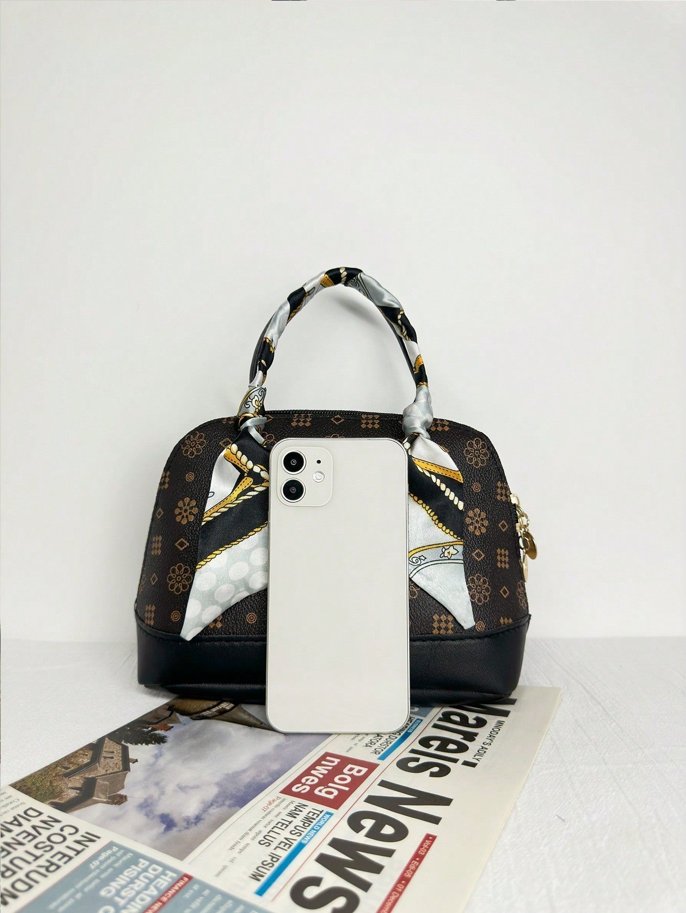 1Pc Mini Geometric Print Handbag with Coffee Scarf Handle and Chain Strap