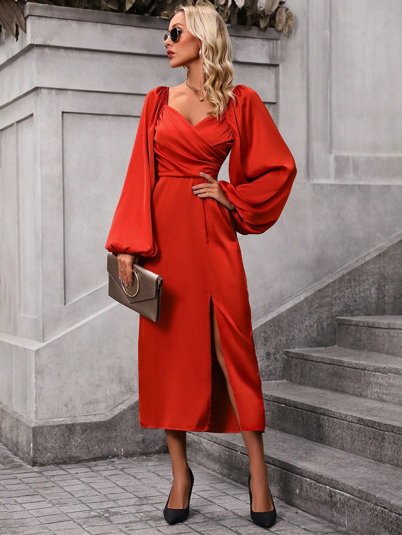 Women'S Solid Color Lantern Sleeve Split Hem Dress