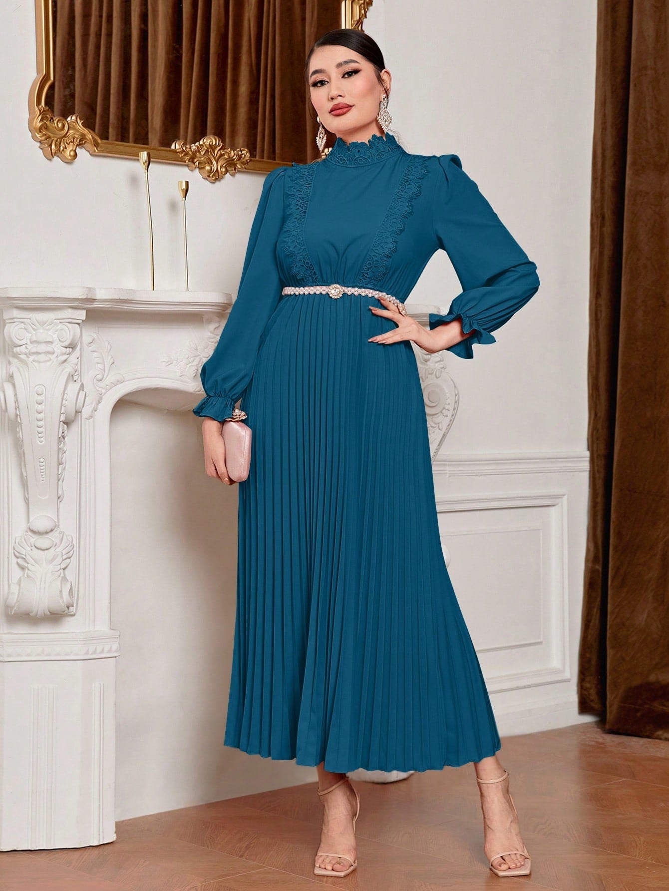 SHEIN Mulvari Flounce Sleeve Pleated Hem Dress without Belt