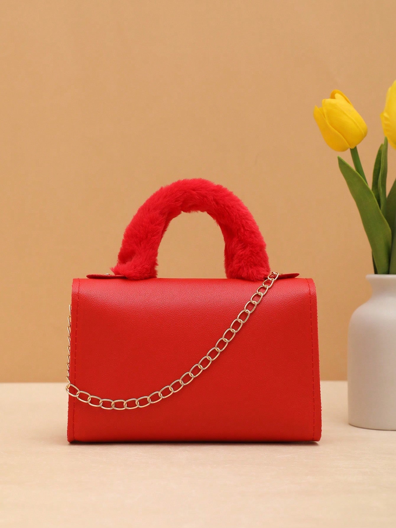 Chain Furry Clutch Bag with Wrist Strap