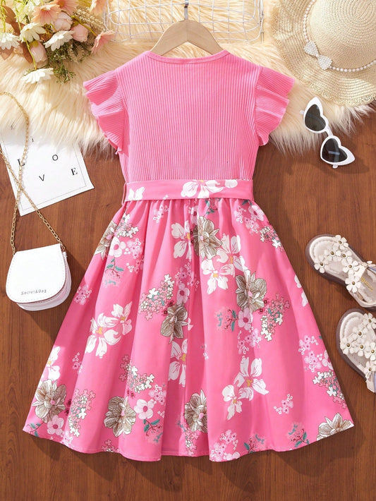 SHEIN Kids SUNSHNE Tween Girls' Floral Printed Belted Dress