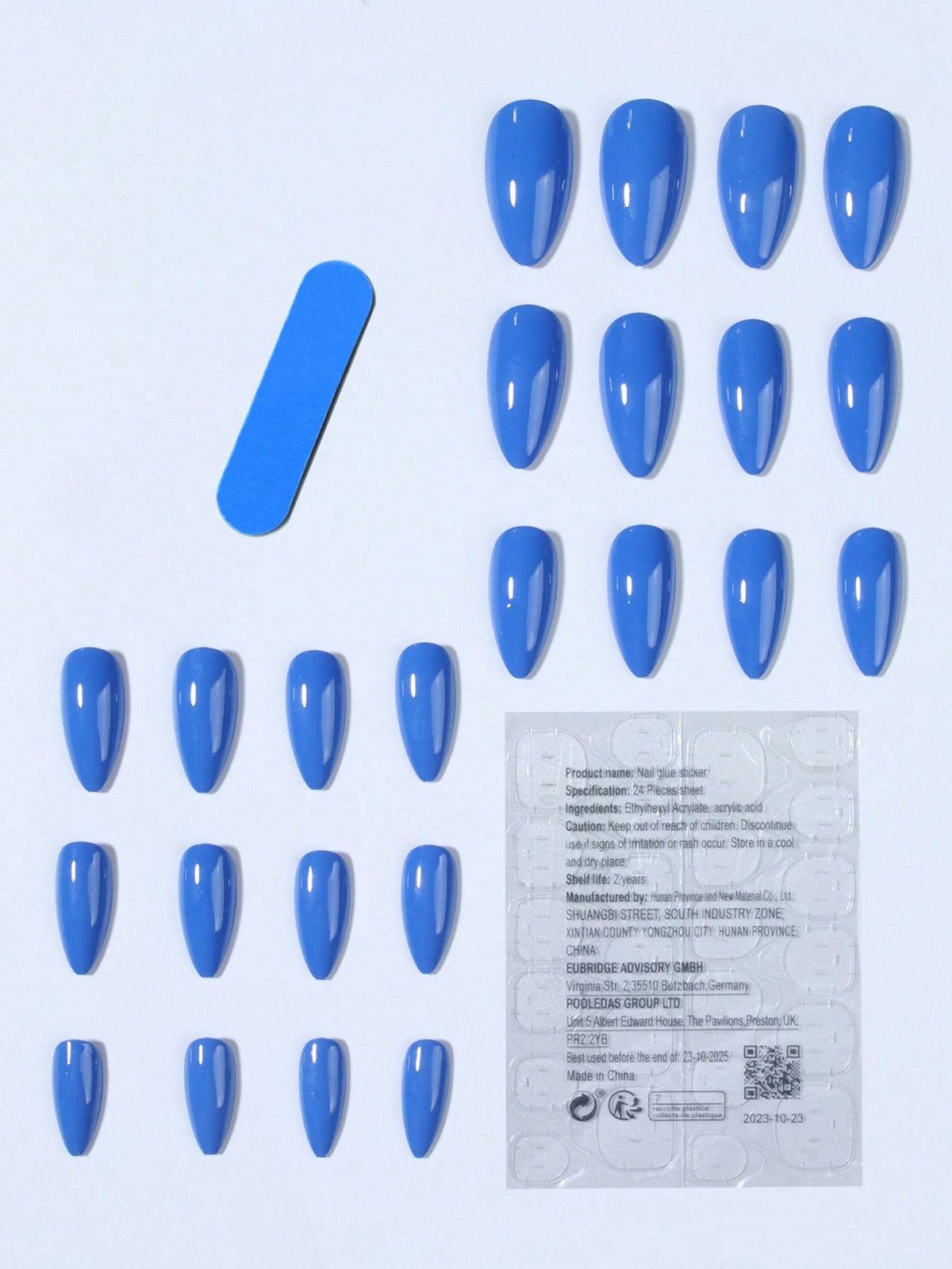 24Pcs Press on Nails Long Almond Blue Fake Nails Full Cover False Nails Set , Contain 1Pcs Jelly Glue and 1Pcs Nail File, for Nail Art Decorations by Women & Girls