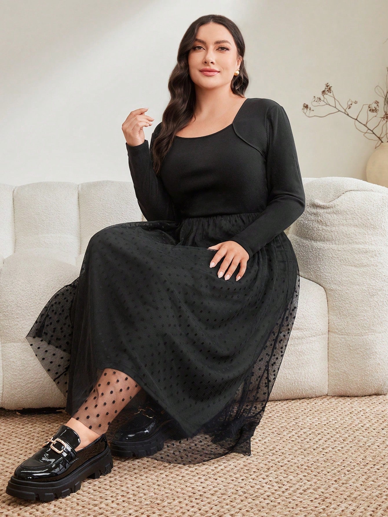 SHEIN Mulvari plus Size Women'S Polka Dot Mesh Overlay Dress