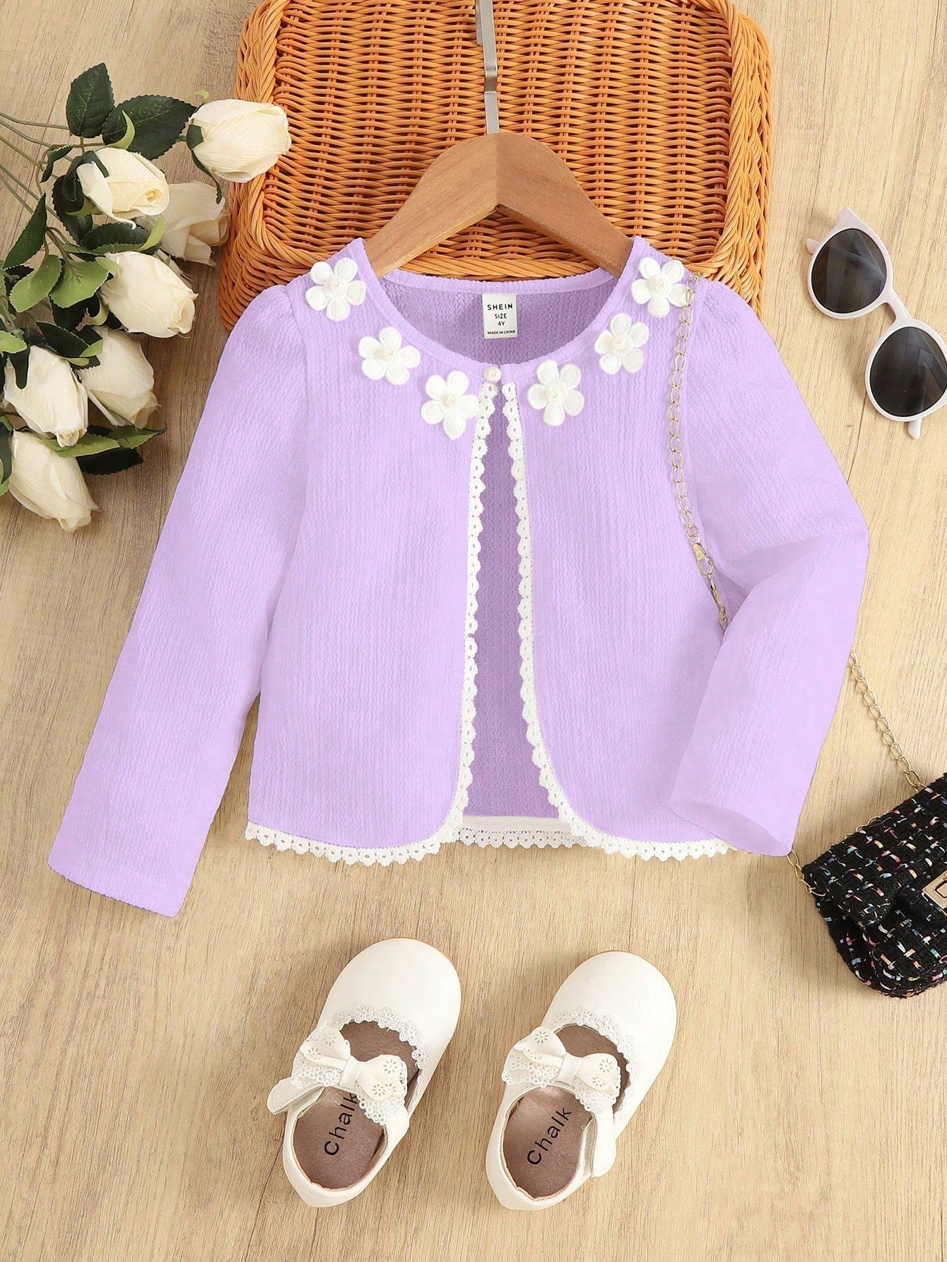 SHEIN Young Girls' Color Block Decorated Jacket with 3D Flower Detailing on Long Sleeves