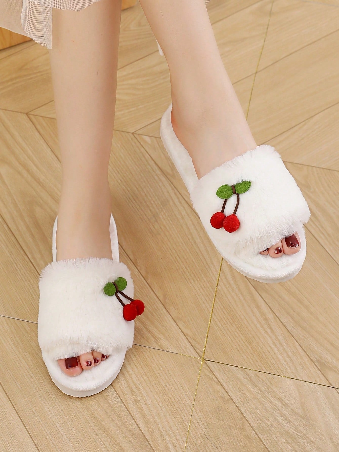 Plush Cherry Embellished White Open Toe Bedroom Slipper