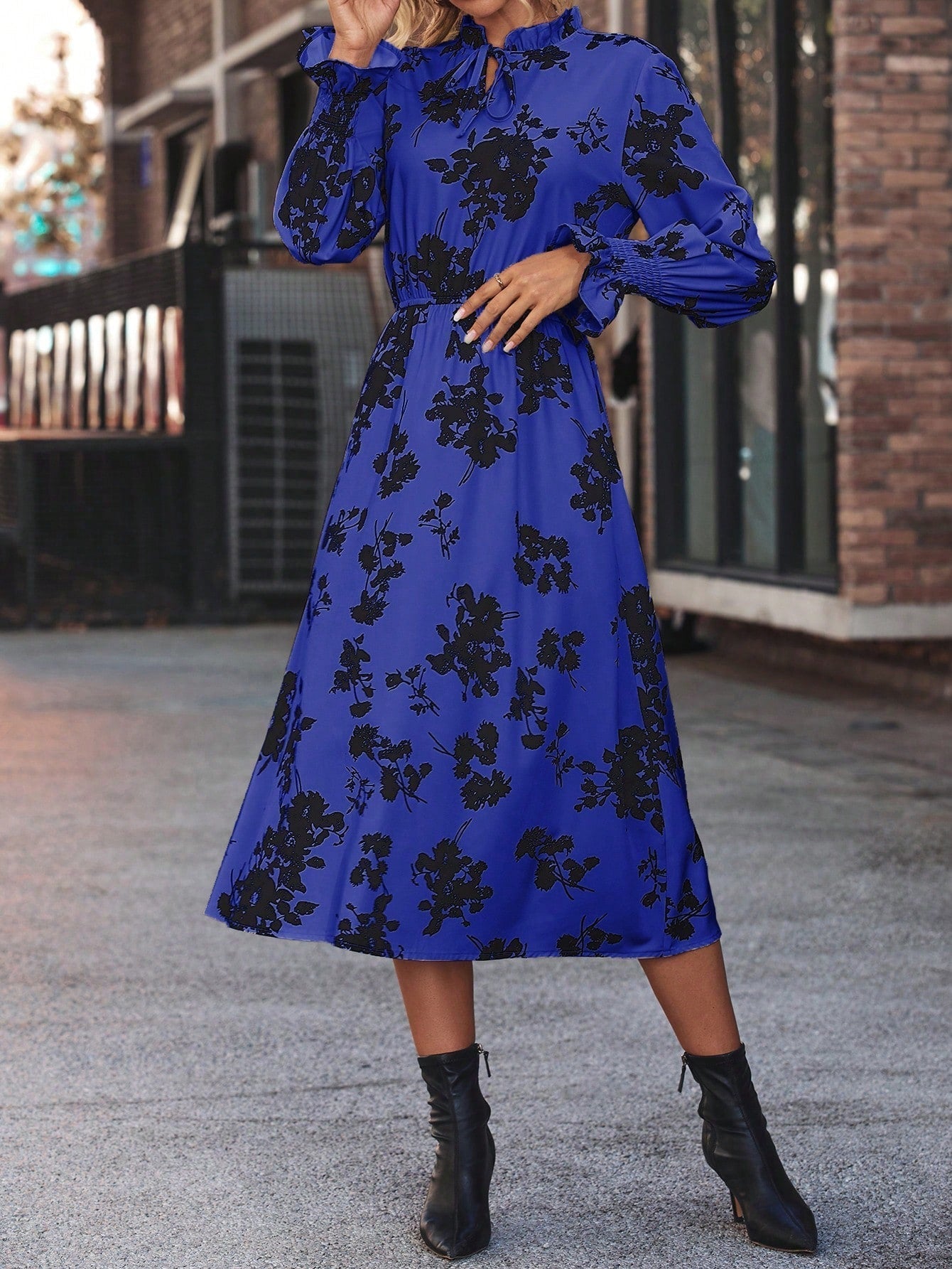 Floral Print Neckline Tie Waist Ruffle Sleeve Dress