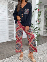 EMERY ROSE Scarf Print Pocket Patched Drop Shoulder Top & Pants