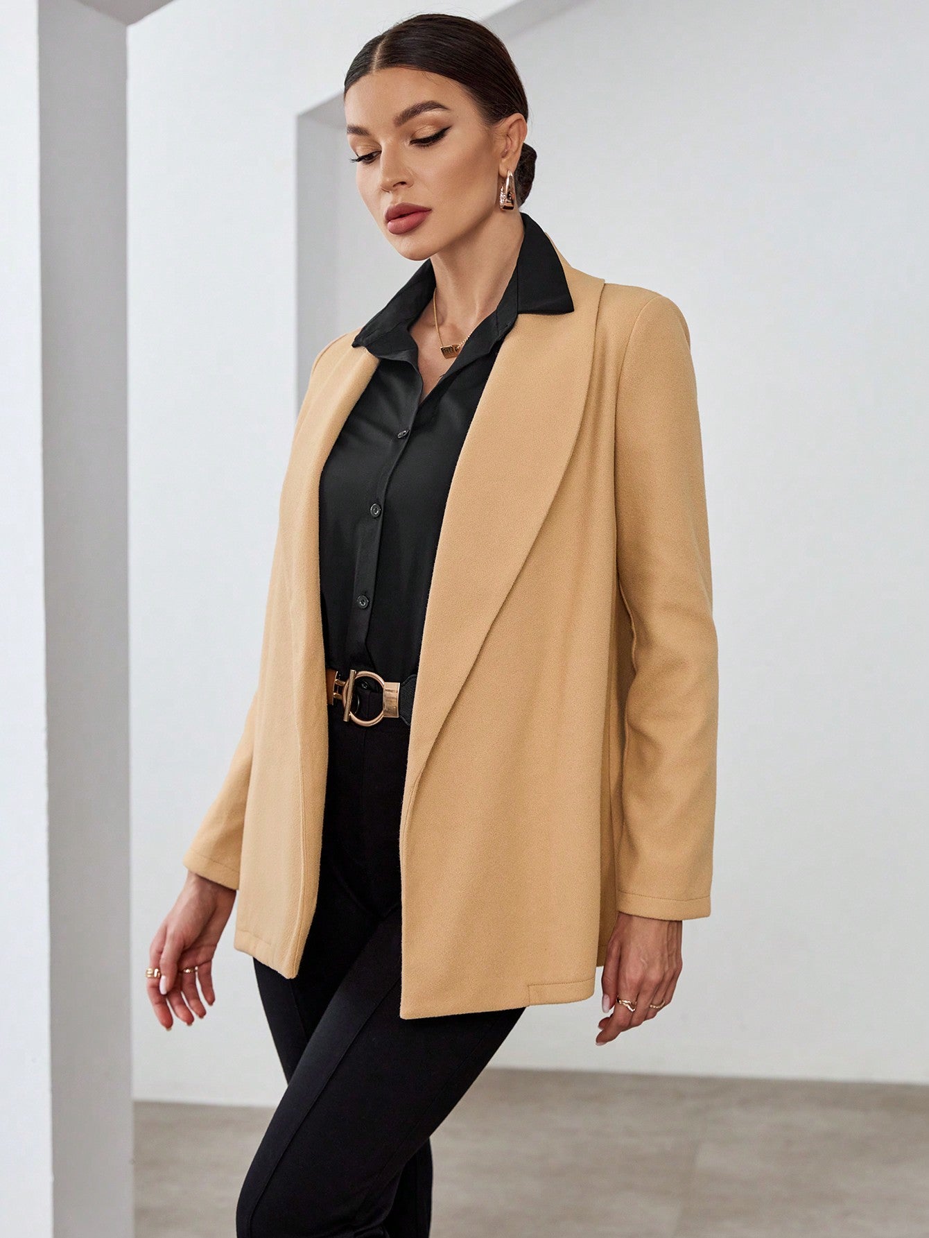 SHEIN Privé Shawl Collar Open Front Belted Overcoat