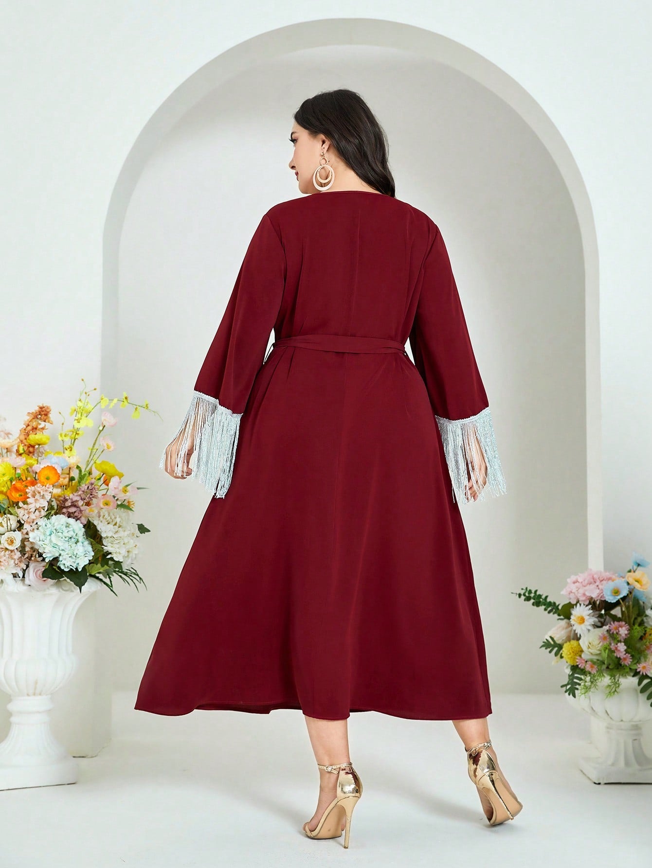 SHEIN Najma plus Fringe Trim Belted Dress