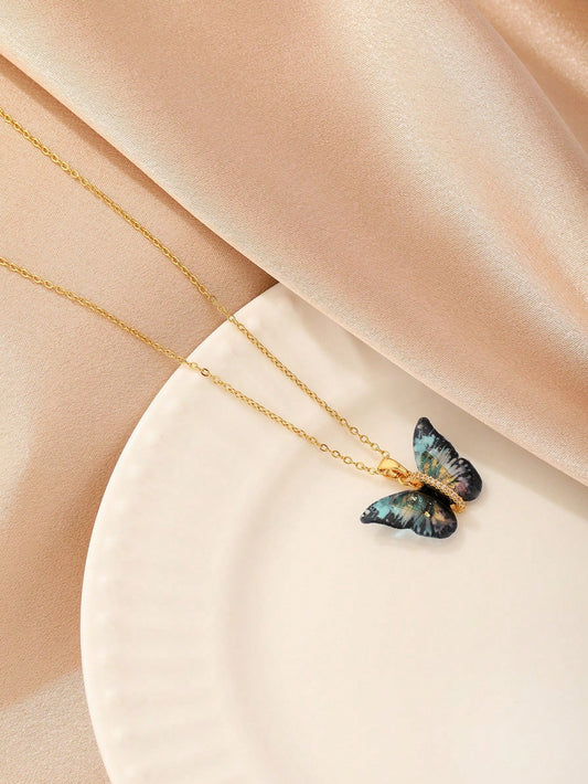 1Pc Gold-Colored Stainless Steel Chain Coated with 18K Gold, Versatile Black-Colored Butterfly with Rhinestone Inlay Design