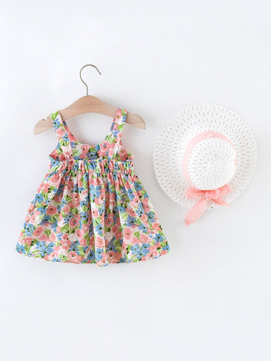 Baby Floral Print Bow Front Cami Dress with Hat