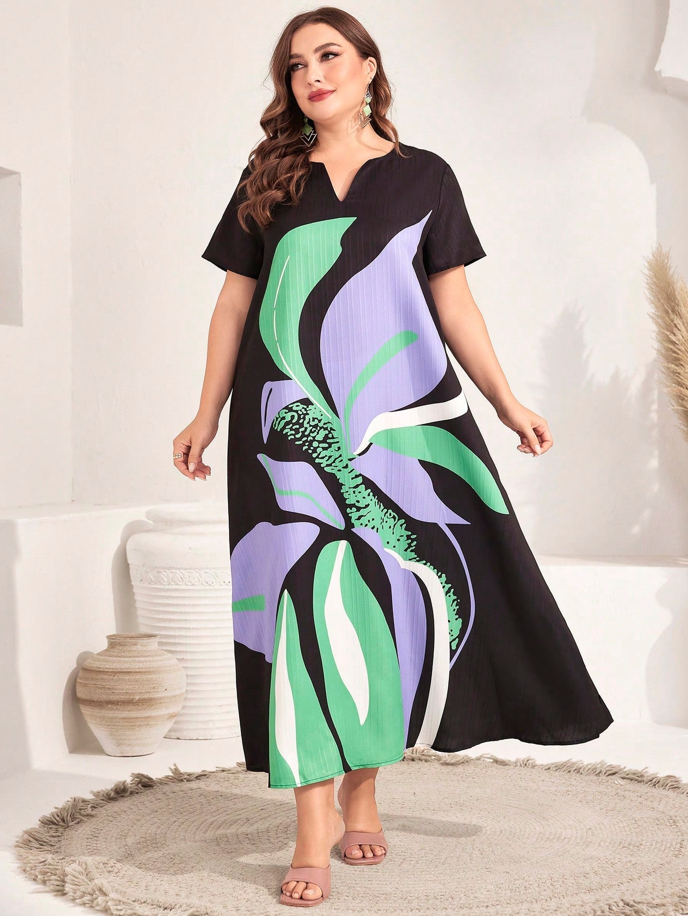 SHEIN Najma plus Floral Print Notched Neckline Dress