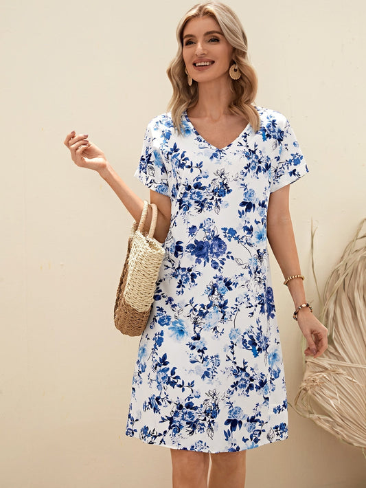 EMERY ROSE Allover Floral Print Batwing Sleeve Tunic Dress
