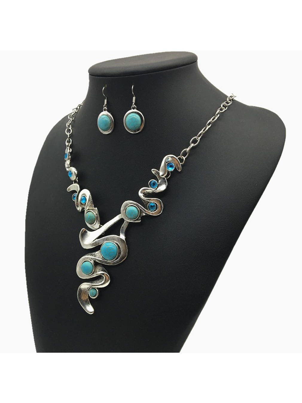 1Pc Bohemian Style Vintage Turquoise Inlaid Silver Plated Necklace & Earrings Set, Suitable for Women'S Daily Wear and Party