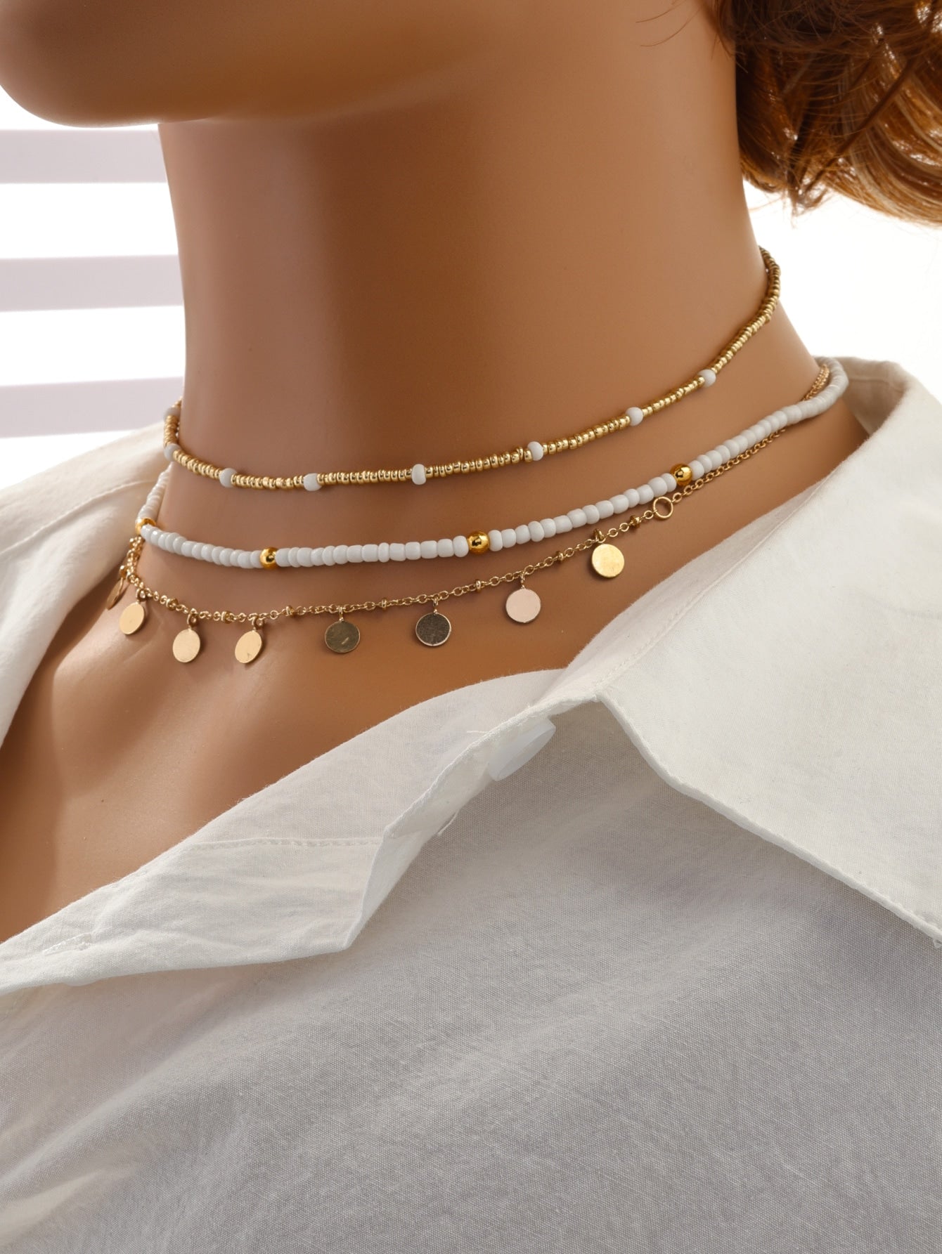 3Pcs Metal Texture Pearl Beaded & Circular Charm Pendant Necklace Set