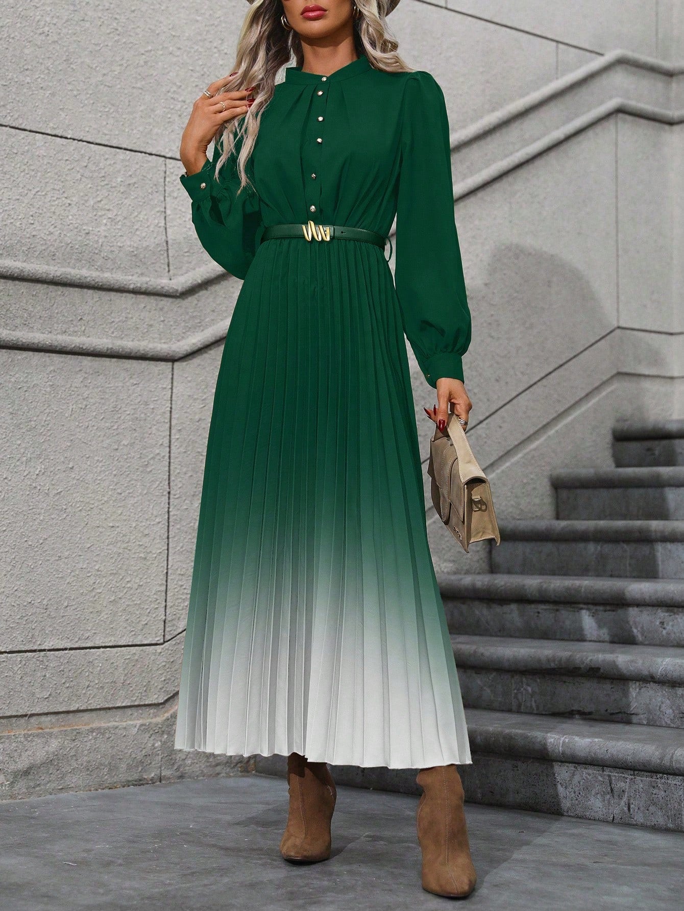 Ombre Lantern Sleeve Dress without Belt