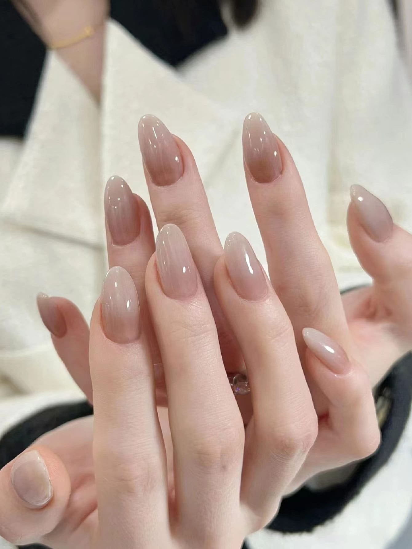 30Pcs/Set Long Pointed Bare & Milk White Gradient False Nail Tips with 1Pc Nail Buffing Bar and 1Pc Jelly Gel