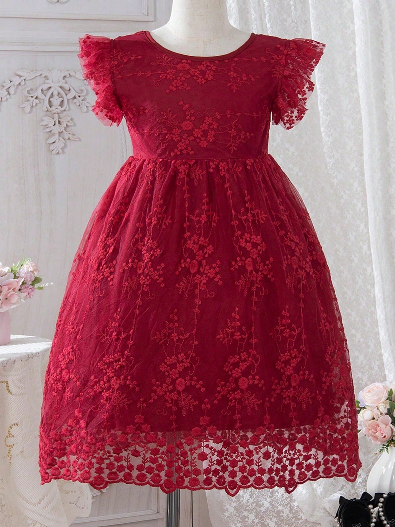 SHEIN Kids CHARMNG Young Girl Bow Front Lace Overlay Dress