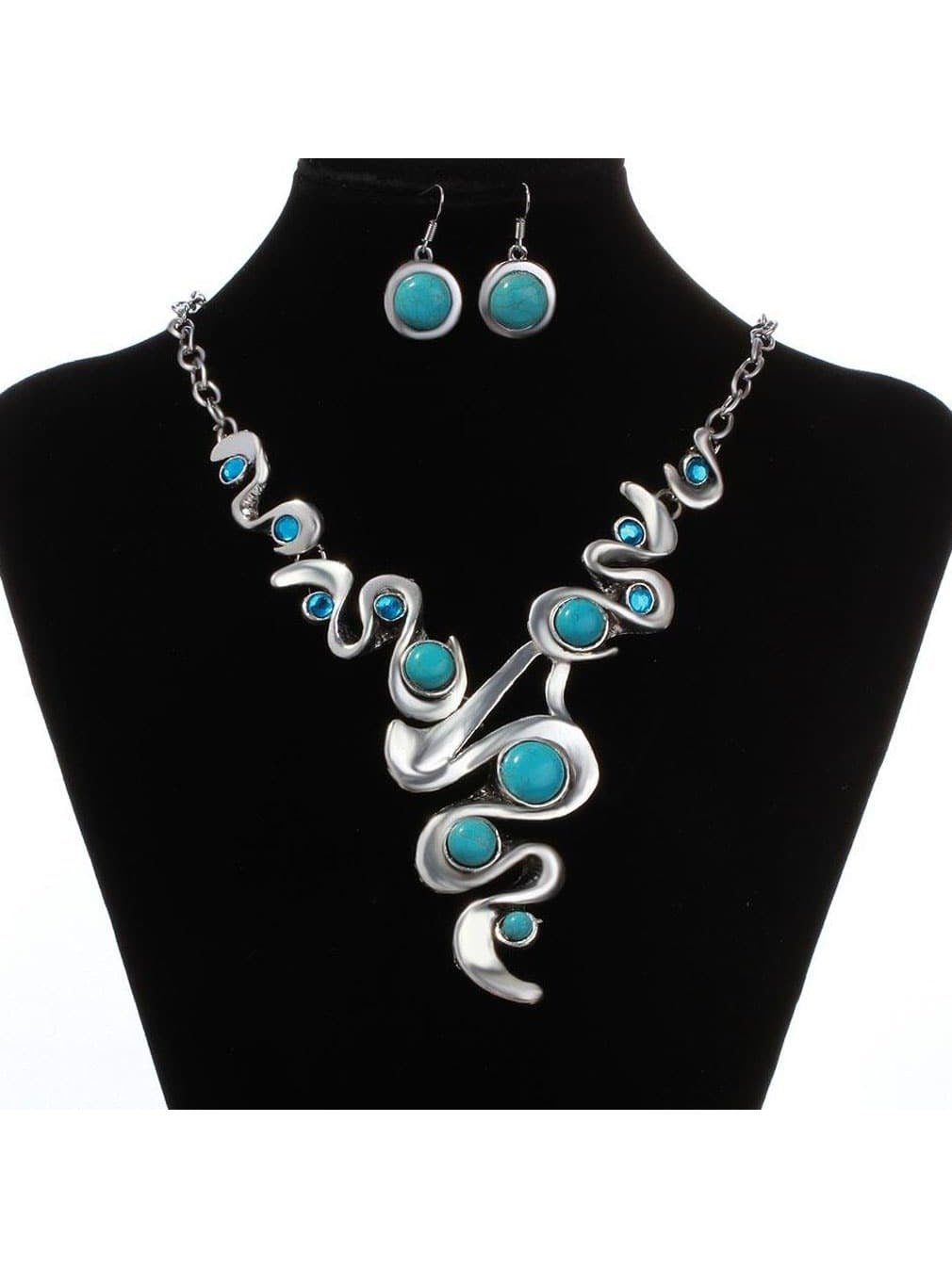 1Pc Bohemian Style Vintage Turquoise Inlaid Silver Plated Necklace & Earrings Set, Suitable for Women'S Daily Wear and Party