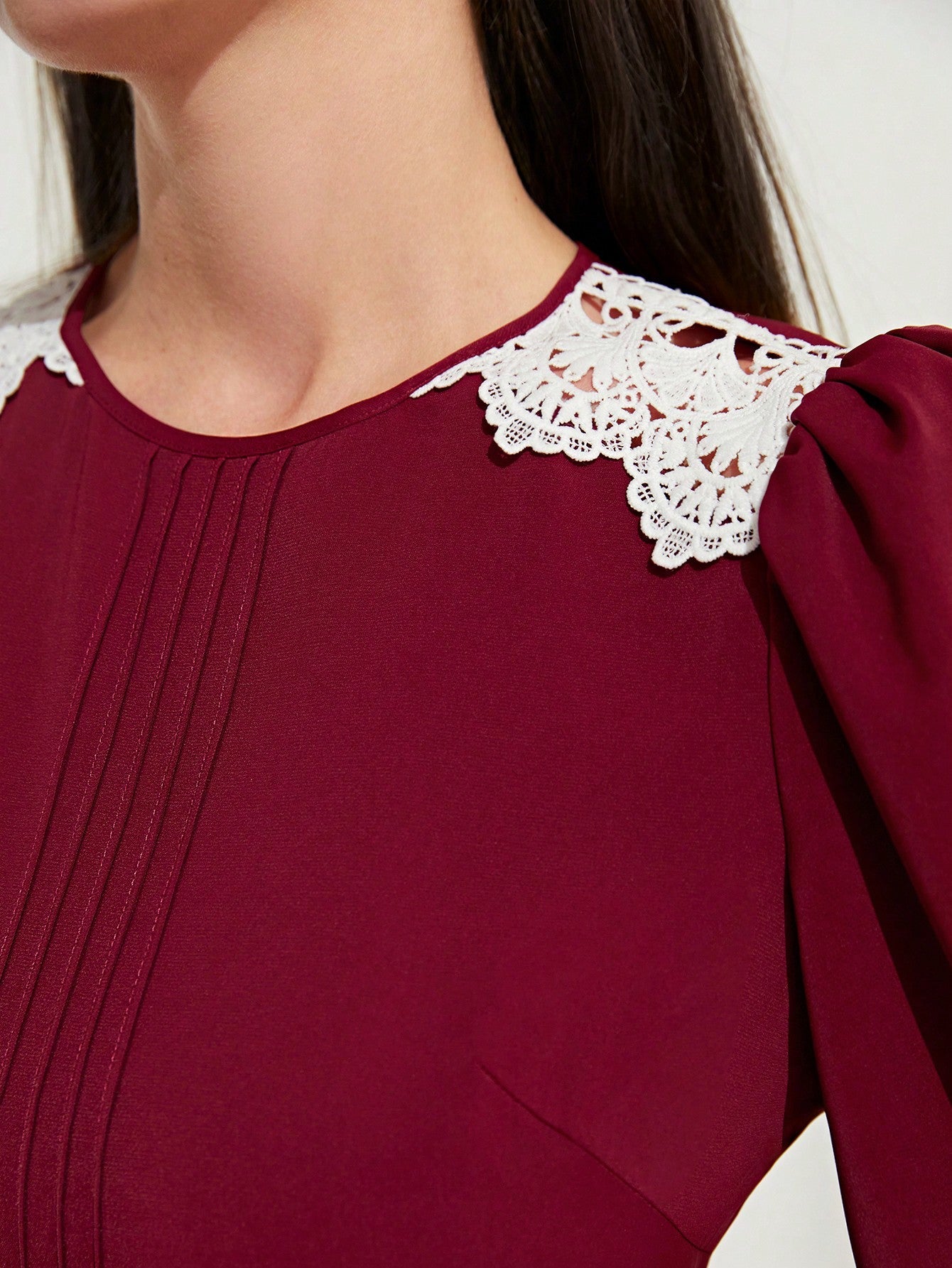 SHEIN Modely Contrast Lace Puff Sleeve A-Line Dress