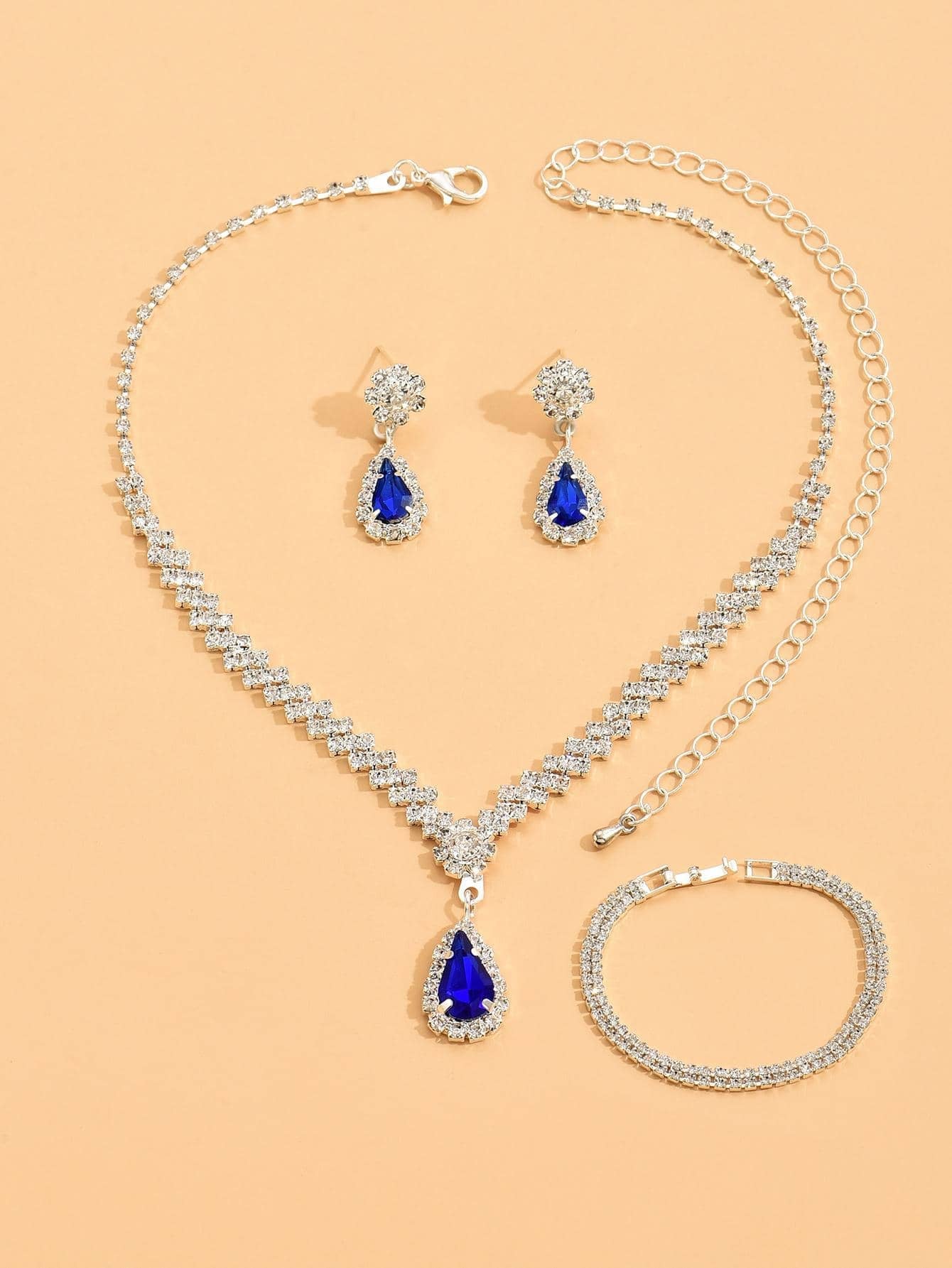 Rhinestone Water-Drop Charm Necklace & Drop Earrings & Bracelet