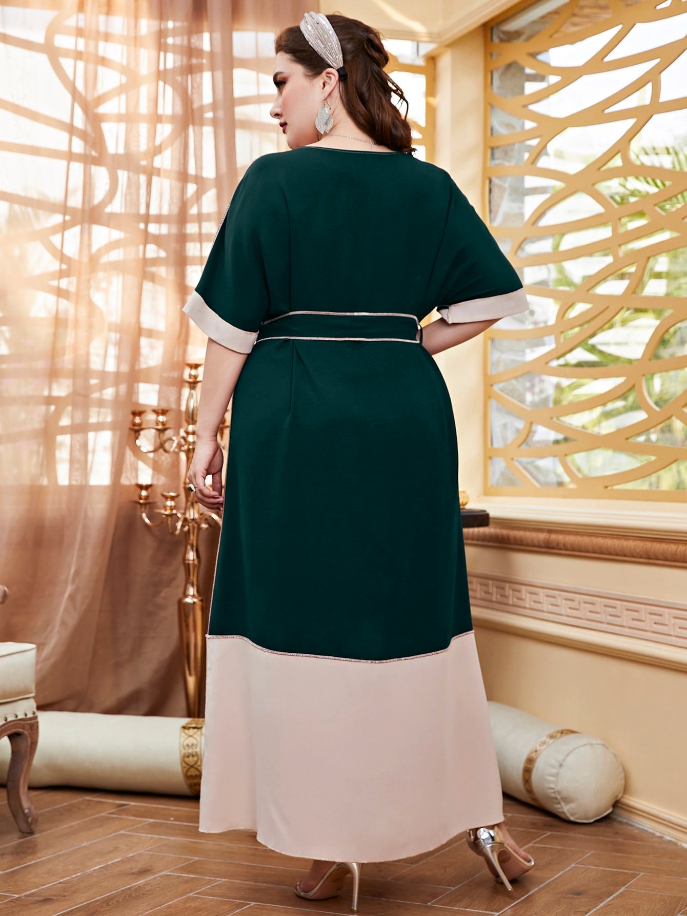 SHEIN Najma plus Top-Stitching Batwing Sleeve Split Hem Belted Dress