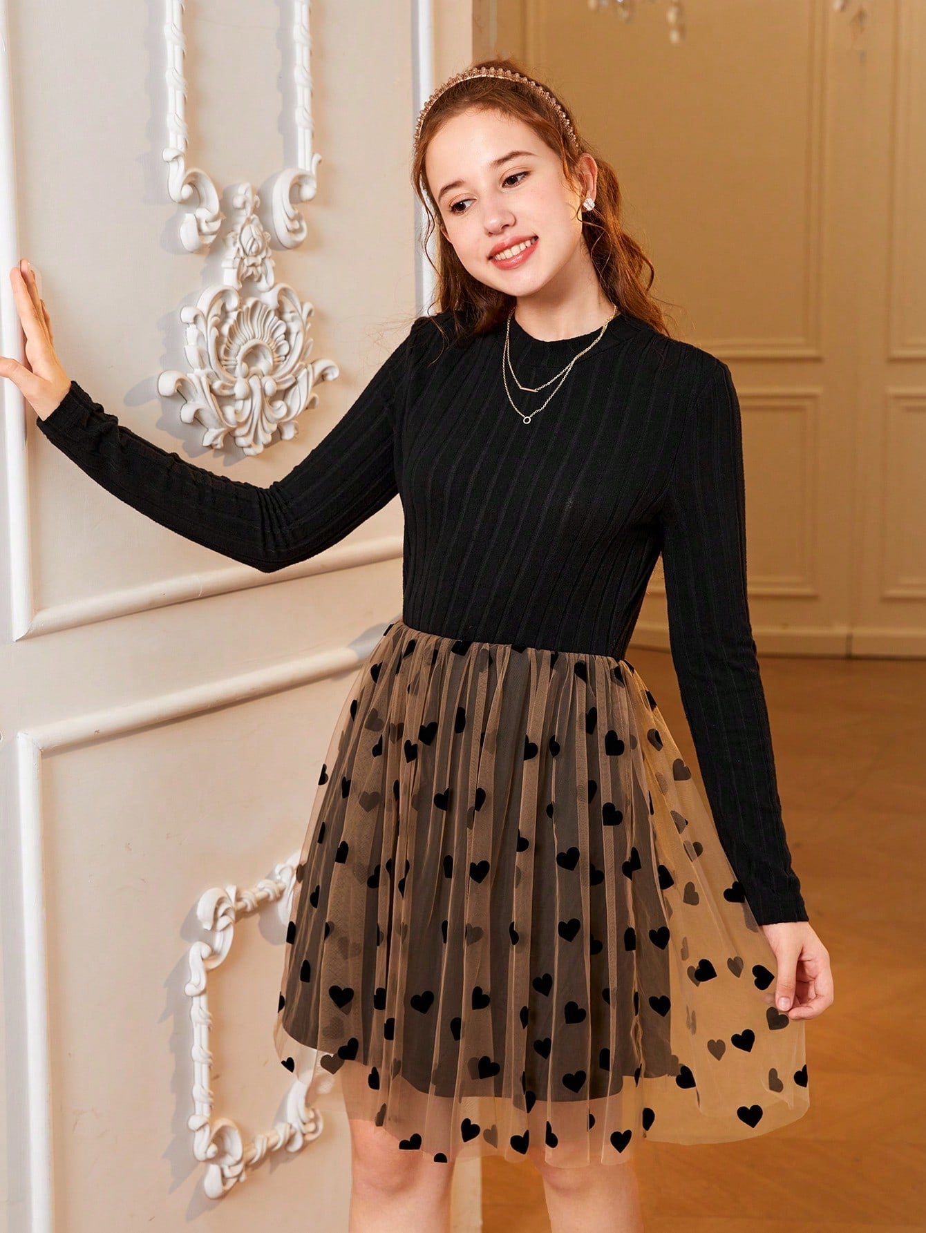 SHEIN Teen Girls' Knit Rib Patchwork Heart Velvet Mesh Stand Collar Dress