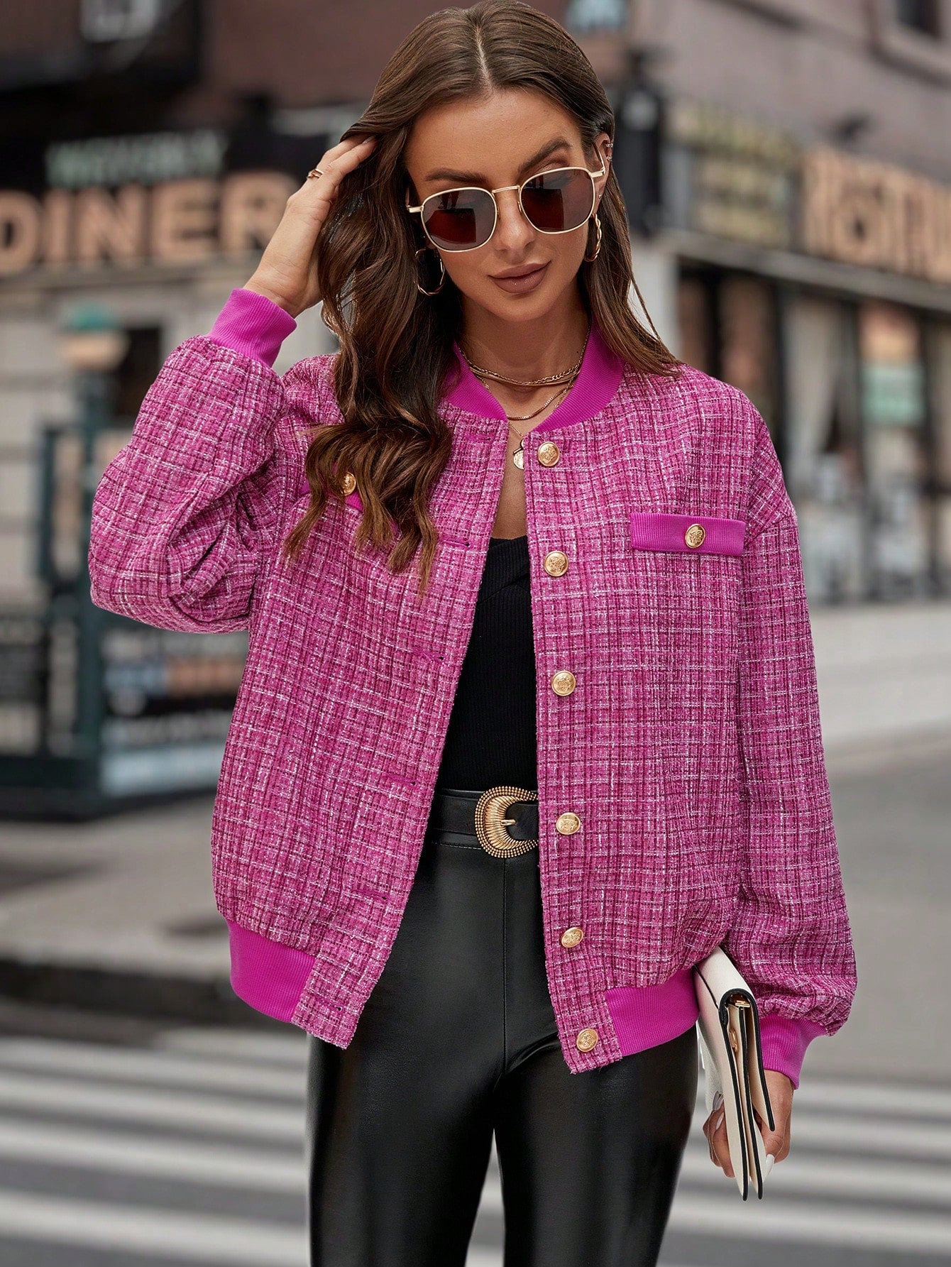 SHEIN LUNE Plaid Pattern Drop Shoulder Tweed Overcoat