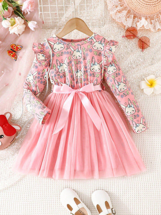 SHEIN Kids EVRYDAY Little Girl'S Romantic & Fashionable Printed Mesh Splice Dress for Spring & Autumn