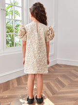 SHEIN Young Girl Woven Bubble Short Sleeve Jacquard Romantic Loose Fit Dress in Solid Color