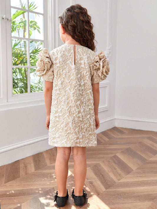 SHEIN Young Girl Woven Bubble Short Sleeve Jacquard Romantic Loose Fit Dress in Solid Color