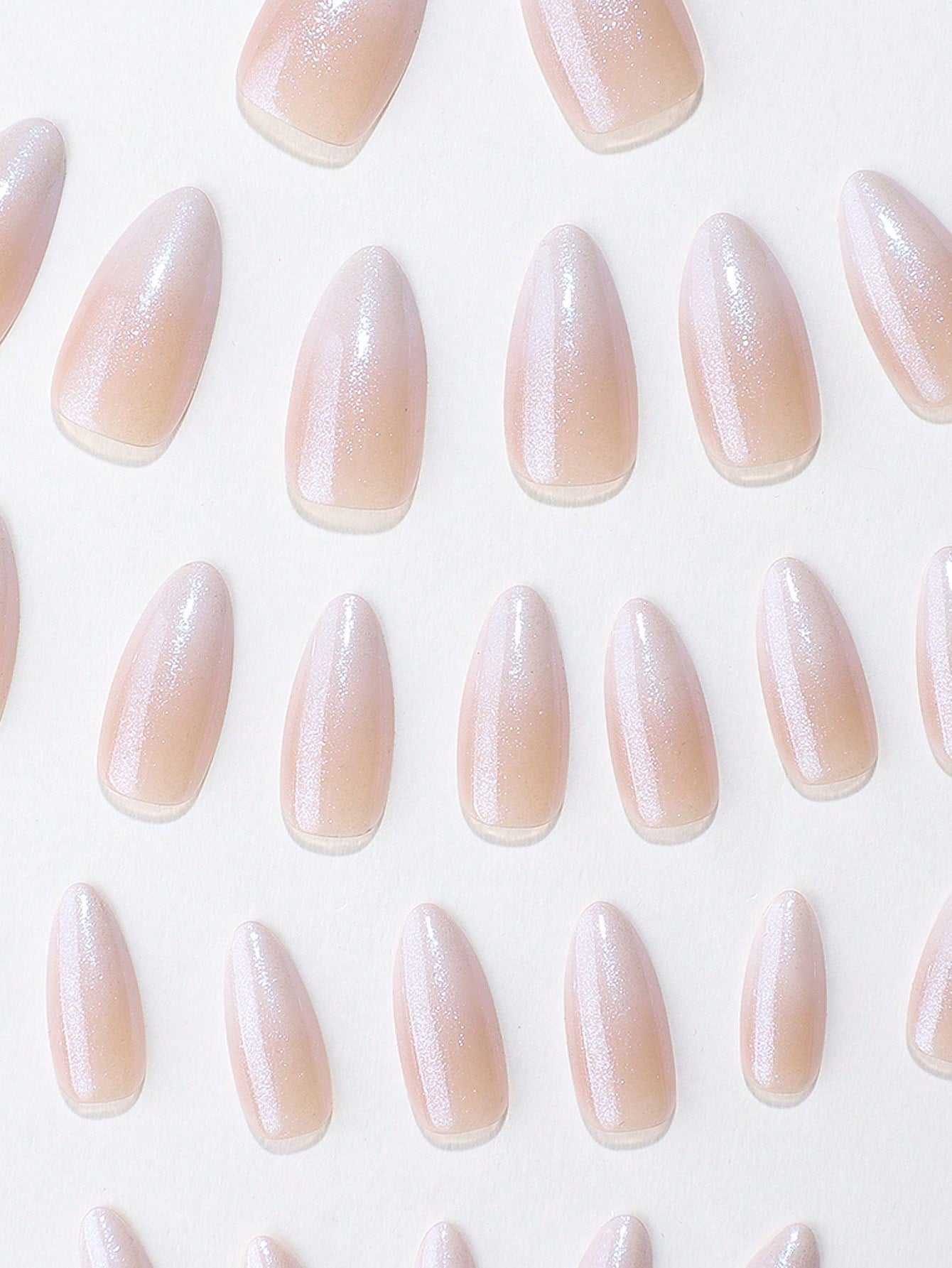 30Pcs Short Almond Shaped Soft & Simple Gradual Change Nude Glitter Nail Chips with 1Pc Buffer and 1Pc Jelly Glue