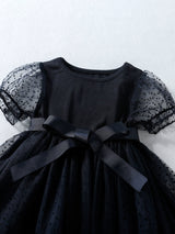 SHEIN Kids CHARMNG Young Girl Dobby Mesh Overlay Puff Sleeve Belted Dress