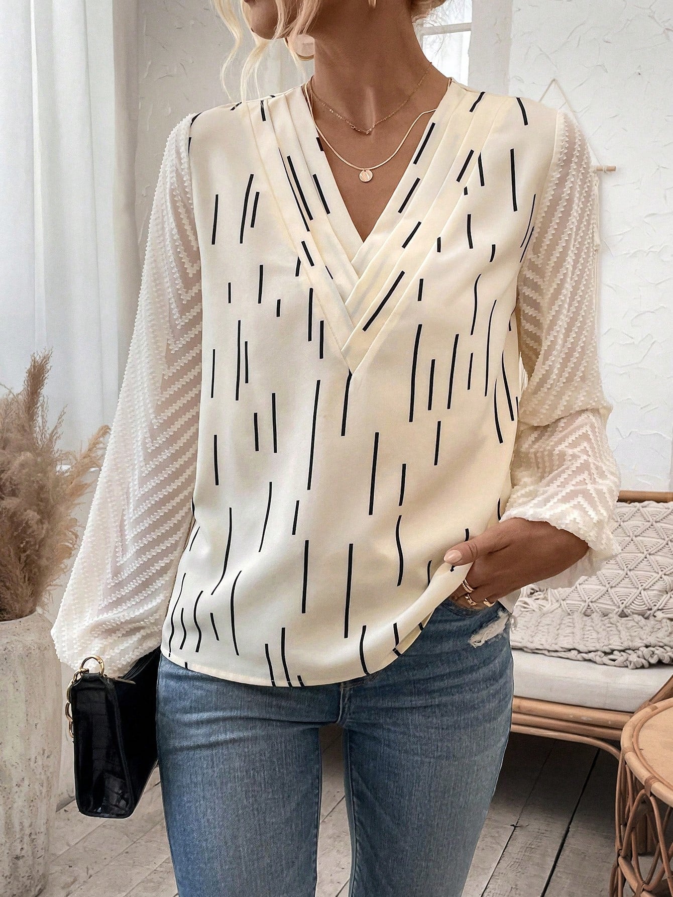 SHEIN LUNE Sheer Mesh Splicing V-Neck Long Sleeve Shirt