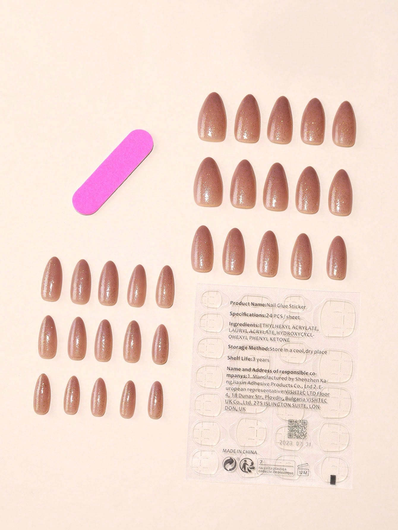 30Pcs Long Pointed Sweet Style Nude Tone Sparkly Glitter Powder False Nail Tips with 1Pc Nail Buffer and 1Pc Clear Jelly Gel