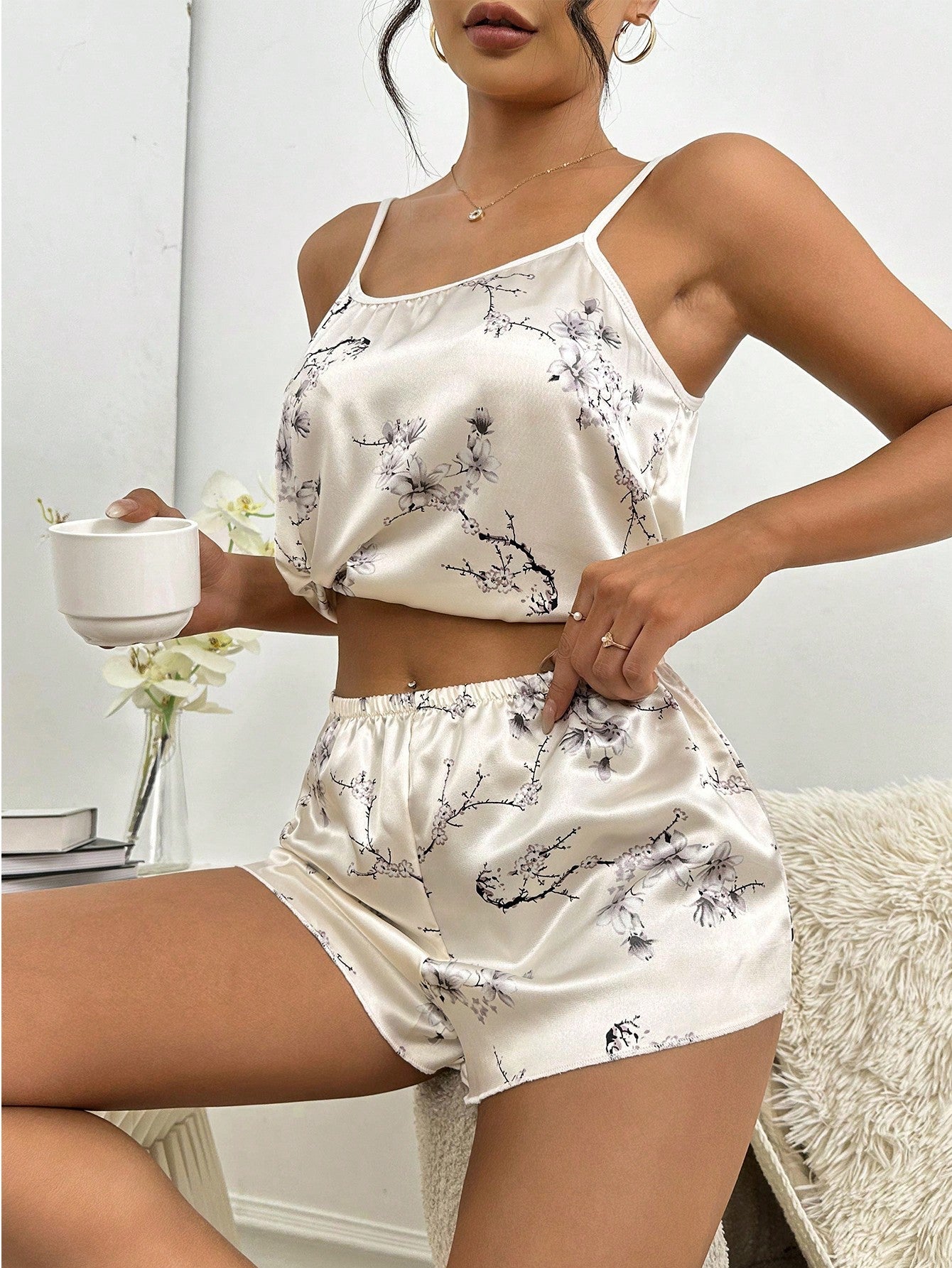Floral Print Satin Cami Top & Shorts PJ Set