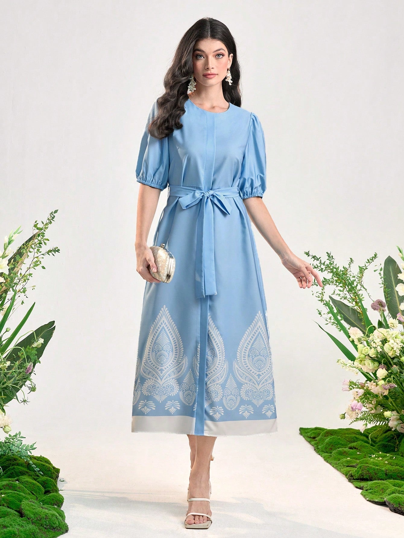 SHEIN Najma Graphic Print Puff Sleeve Belted Dress