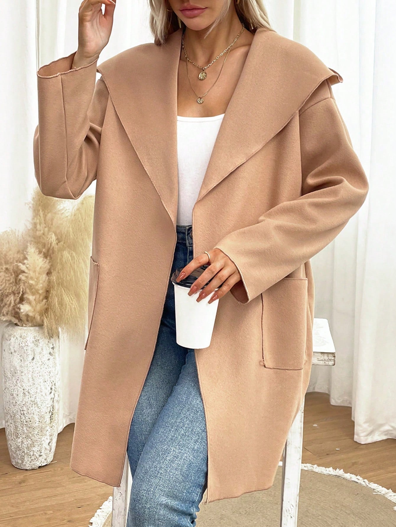 SHEIN Essnce Waterfall Collar Dual Pocket Open Front Overcoat