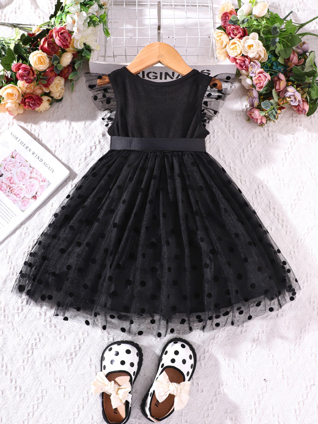 SHEIN Kids CHARMNG Toddler Girls Polka Dot Mesh Overlay Ruffle Trim Dress