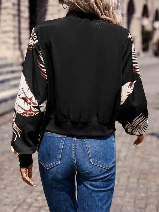 SHEIN Frenchy Tropical Print Zip up Bomber Jacket