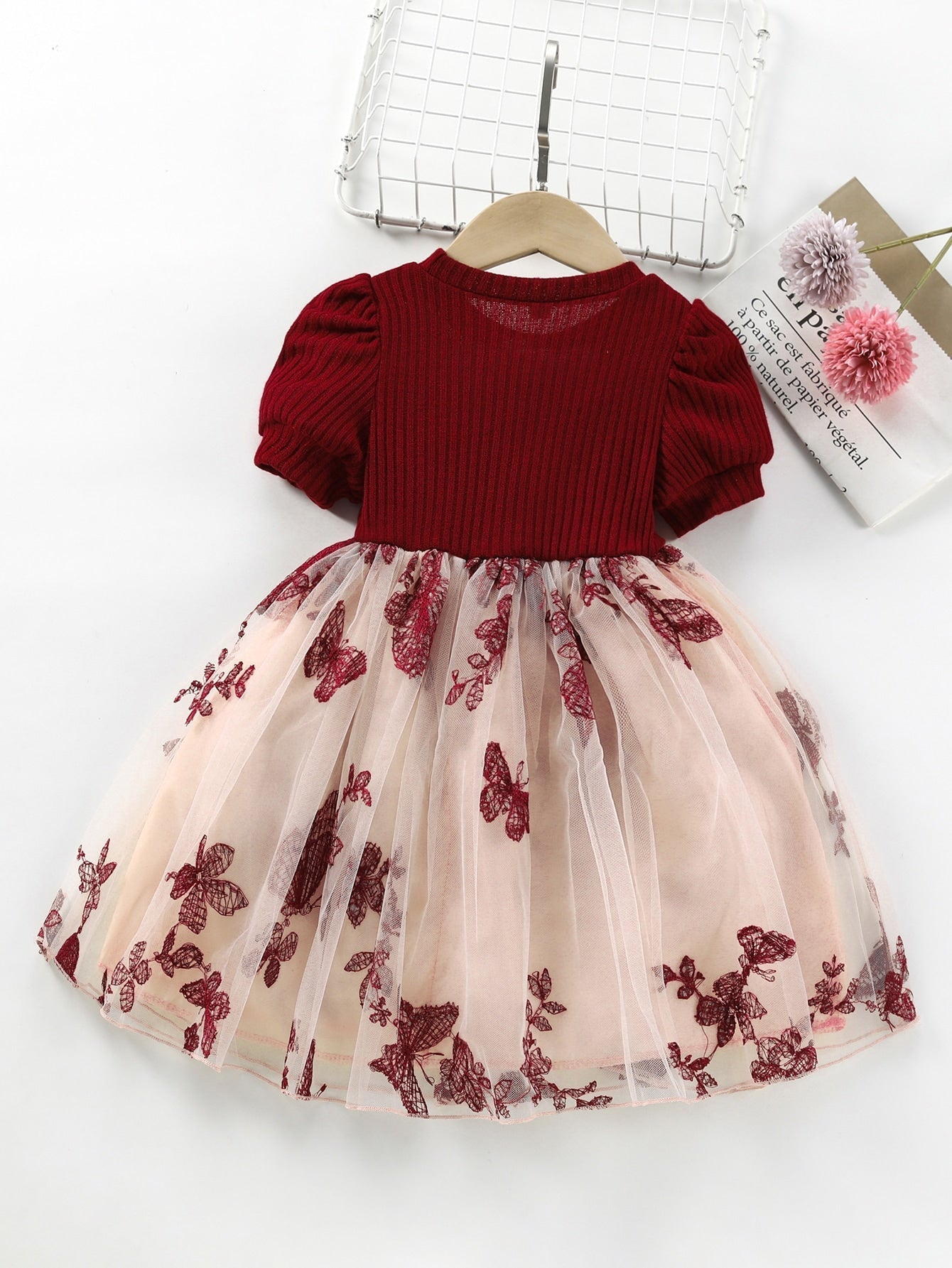 SHEIN Kids CHARMNG Young Girl Butterfly & Floral Embroidered Mesh Hem Dress