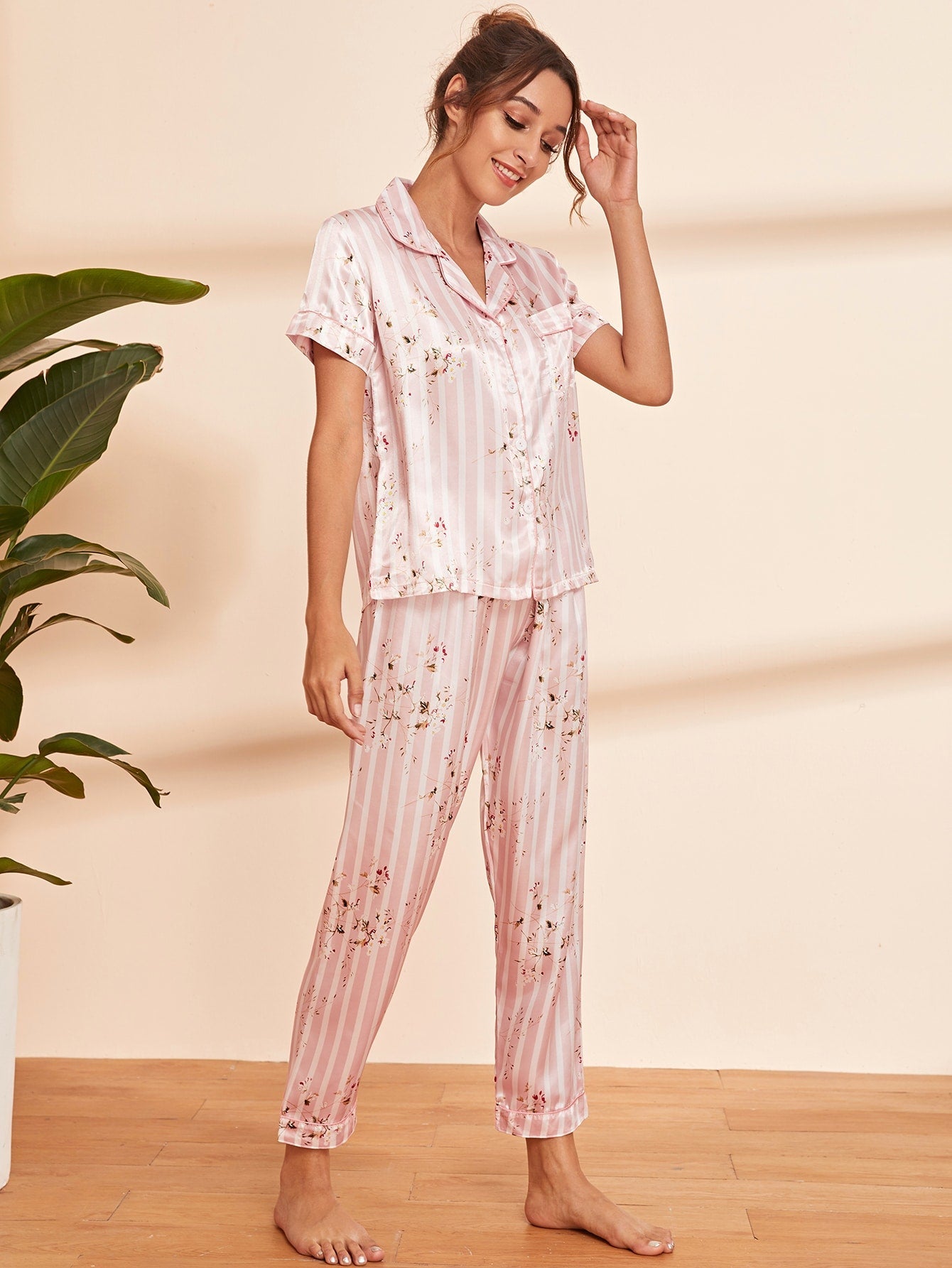 Striped Floral Print Satin Pajama Set