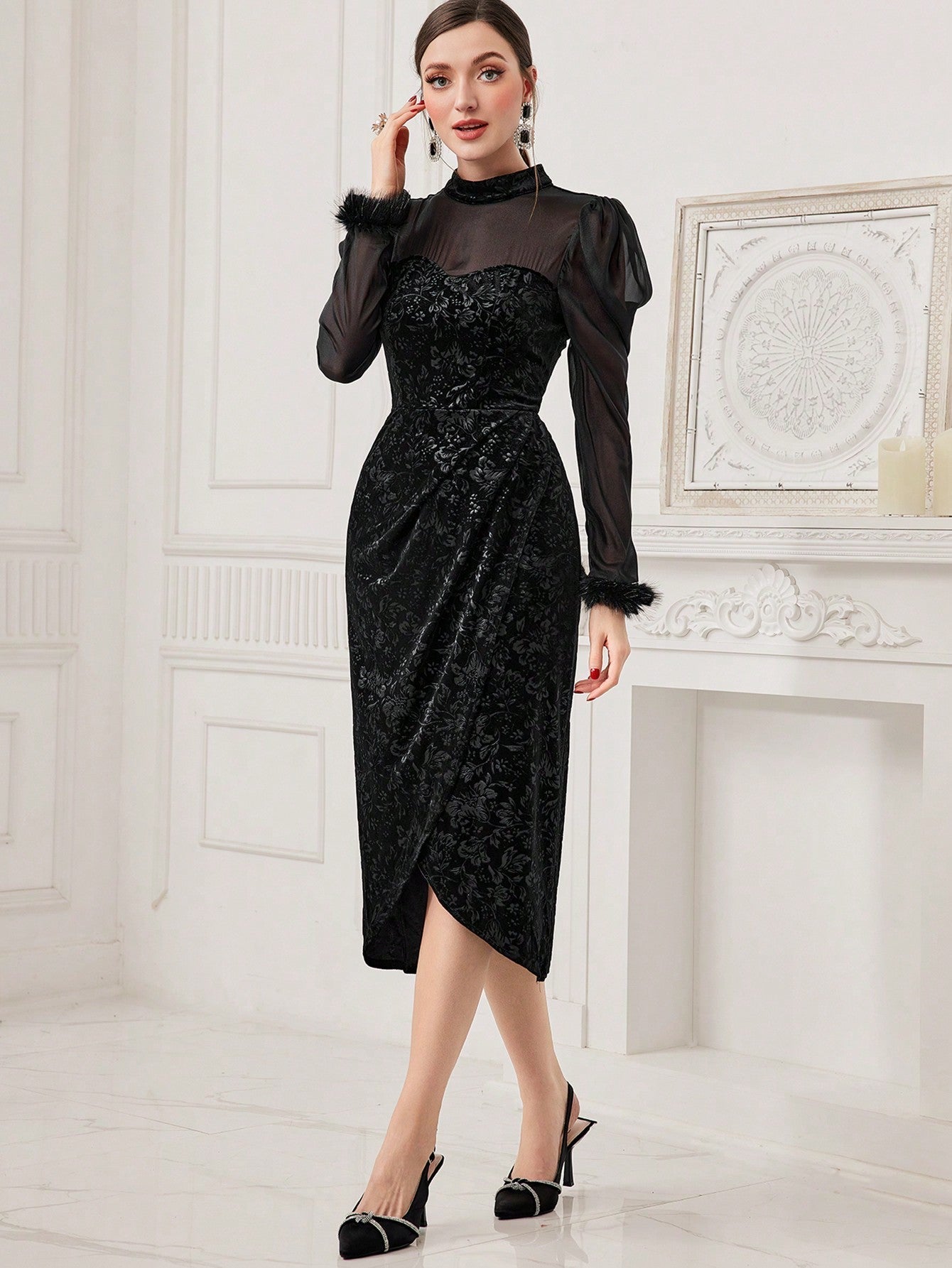 SHEIN Modely Patchwork Mesh & Floral & Jacquard & Plush Sleeve Cuff Sweater Dress